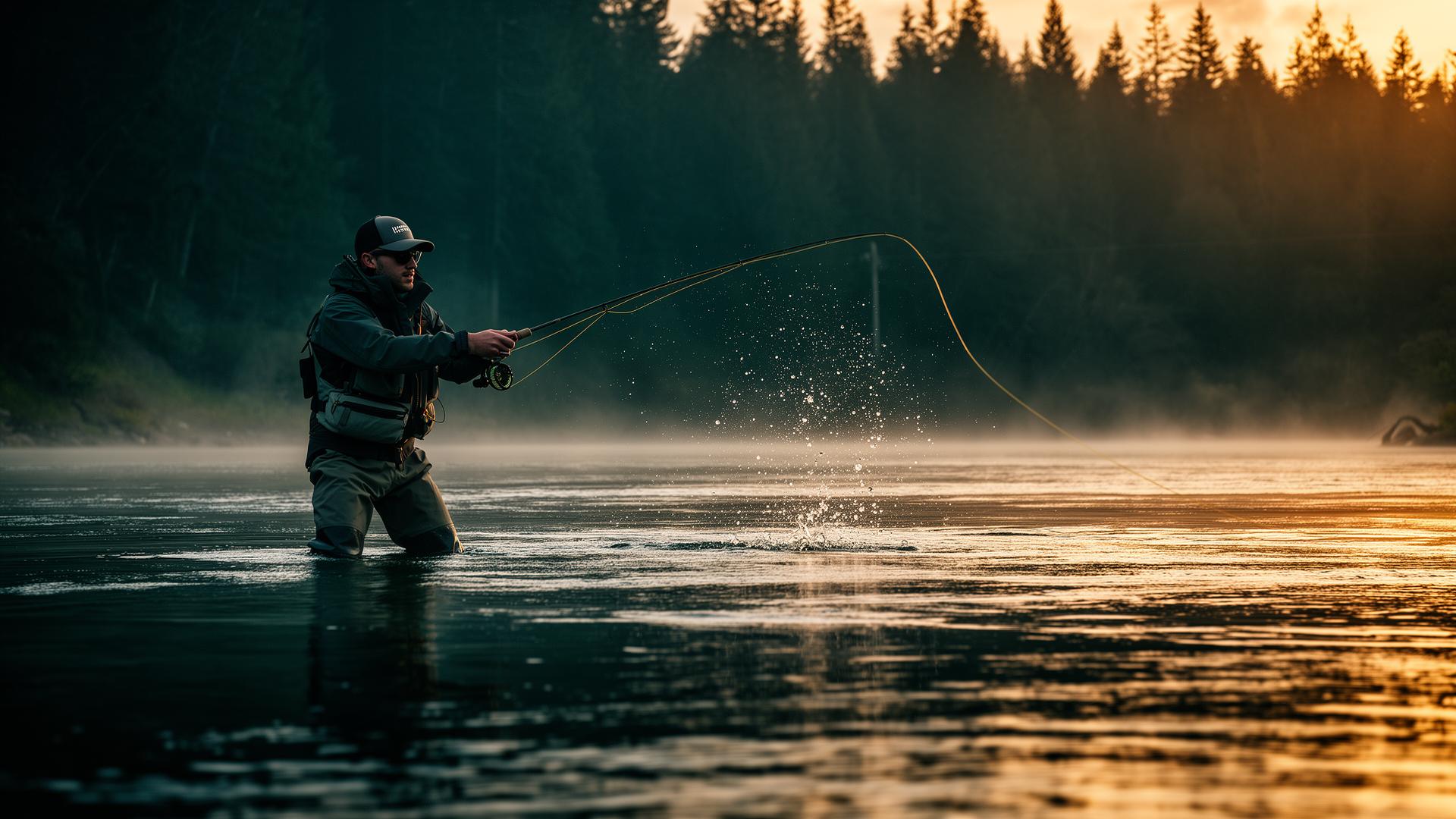 Fly fisherman casting at golden hour on a misty river